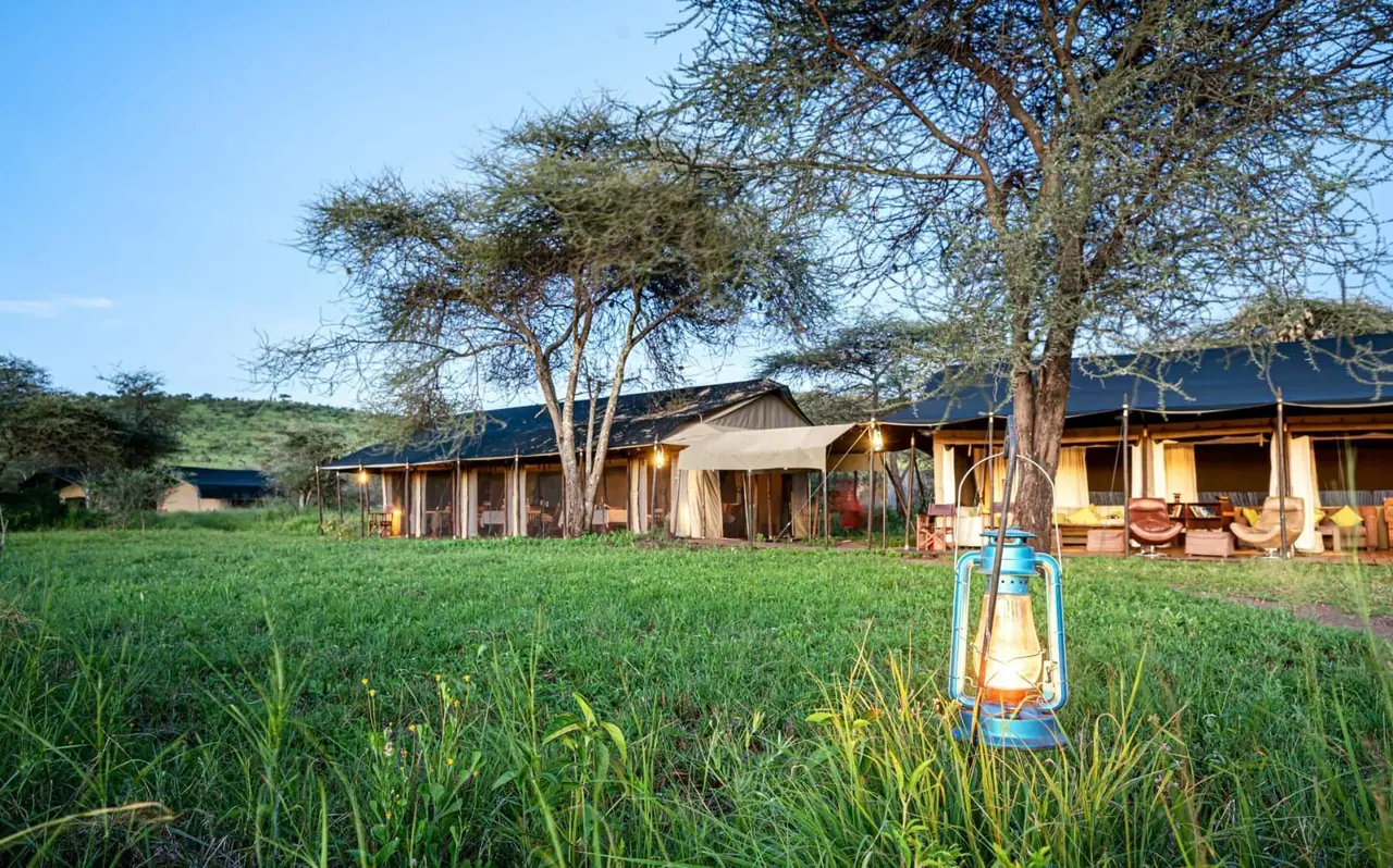 Tents and a lantern on the grass at the secluded end of the Seronera valley